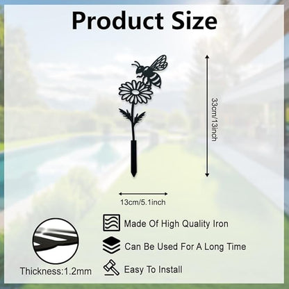 WADORN Wild Daisy Flower Bee Metal Decorative Garden Stakes, Funny Flower Insect Metal Silhouette Statues Funny Garden Ornament Gifts Black Yard Art Decor for Outdoor Backyard Patio Lawn Walkways