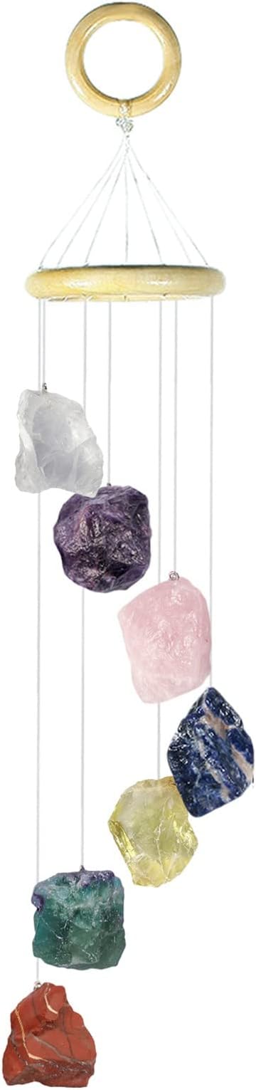 7 Chakra Color Raw Stone Wind Chime with Wooden Hanging Circle Boho Patio Home Garden Windows Wall Ornament