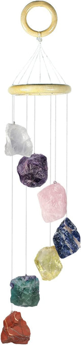 7 Chakra Color Raw Stone Wind Chime with Wooden Hanging Circle Boho Patio Home Garden Windows Wall Ornament