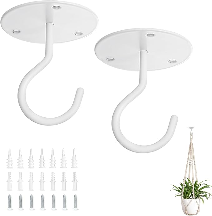 Mkono Ceiling Hooks for Hanging Plants, Metal Plant Hanger Bracket Wall Mount Hooks for Hanging Bird Feeders, Lanterns, Wind Chimes, Planters, Indoor&Outdoor Decoration Hooks (2-Pack) (White)
