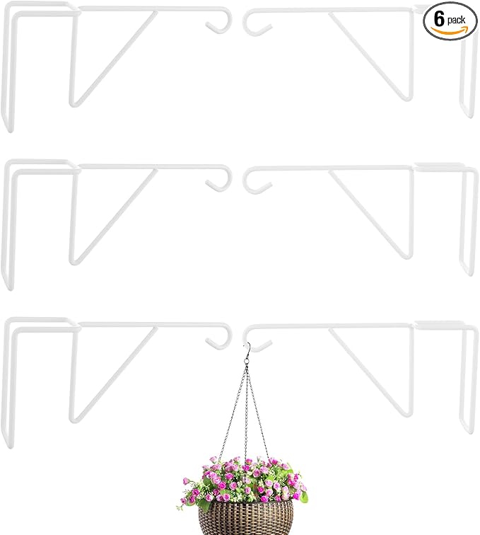 6 Pack Vinyl Fence Hooks, 5” x 10” Heavy Duty Fence Plant Hangers for Outdoor & Indoor, Over The Fence Hooks White Patio Hooks for Hanging Plants, Flower Baskets, Bird feeders, Lights, Pool Equipment