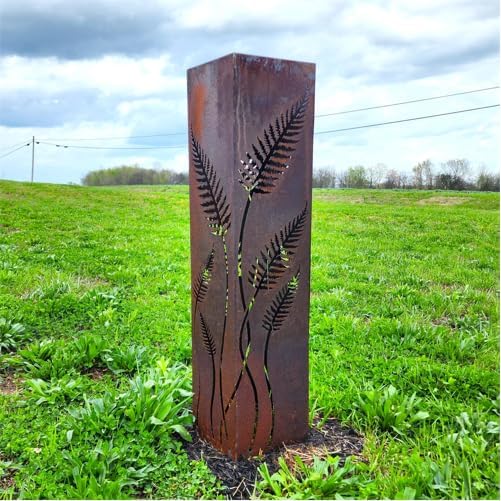 Fern with Stem Garden Columns - Decor - Metal Garden Sculpture - Well Cover - Furniture and Decor - Utility Box Cover (12 x 3.5 x 3.5 inches NO LID)