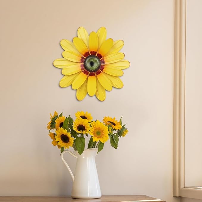 YEAHOME Sunflower Garden Decor, 11'' Metal Flower Wall Decor, Yard Hanging Wall Art Decorations for Kitchen, Bathroom, Living Room, Spring Boho Art for Indoor Outdoor