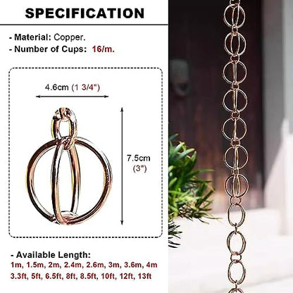 Decorative Rain Chains Waterfall, Copper Ring Rain Chain Extension, Outside Decoration Rain Catcher System for Garden, Roof Rainwater Diverter for Downspout, Rain Guide Chains (260cm (8.5ft))