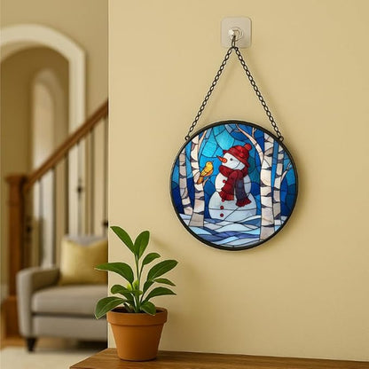 Stained Glass Window Hanging - Christmas Snowman & Bird on Birch Tree Branch Sun Catchers Panel for Indoor Decorative Display for Mom, Wife, Lovers, Festive