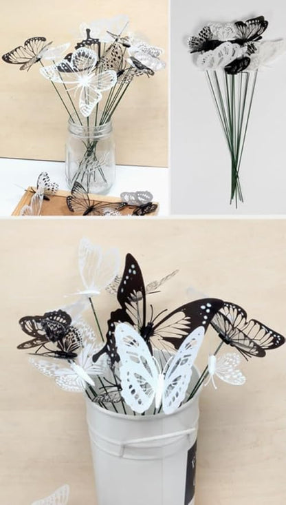 3D Butterfly Garden Stake Decor,10"PVC Butterfly Garden Decor for Outside,Shaking Head Artificial Butterflies for Cake Bouquet Wall Lawn Pathway Plant Pot Flower Bed Yard Decor (50, Black)