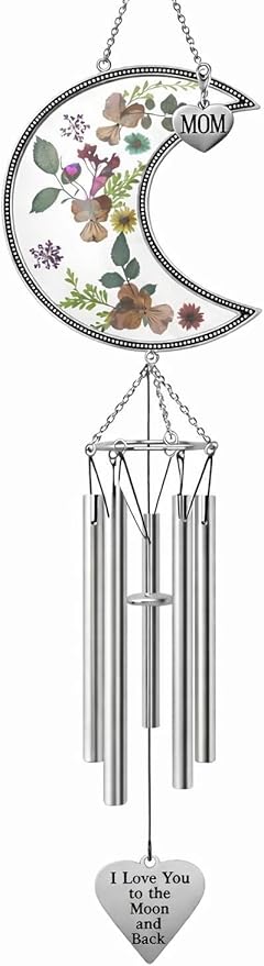 Mom Wind Chimes with Pressed Flowers - Colorful Floral Hanging Chime for Mom - Mother’s Day, Birthday for Mother - Decorative 20 Inch Outdoor or Indoor Mom Gift