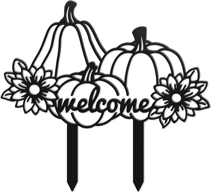 WADORN Fall Pumpkin Metal Decorative Garden Stakes, Funny Welcome Autumn Metal Outdoor Statues Fall Harvest Silhouette Ornament Gifts Welcome Yard Sign for Thanksgiving Party Autumn Harvest Lawn