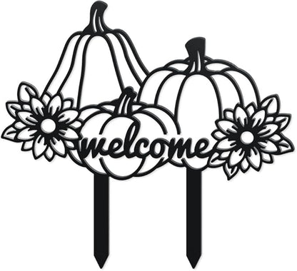 WADORN Fall Pumpkin Metal Decorative Garden Stakes, Funny Welcome Autumn Metal Outdoor Statues Fall Harvest Silhouette Ornament Gifts Welcome Yard Sign for Thanksgiving Party Autumn Harvest Lawn