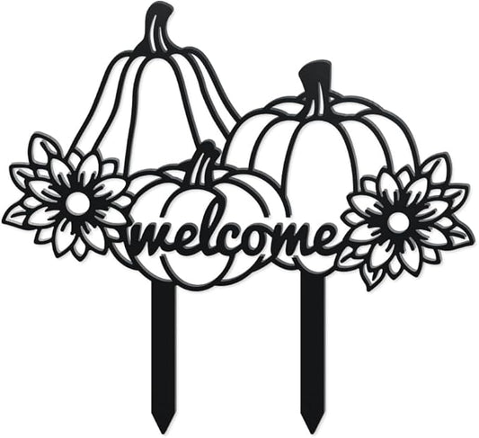 WADORN Fall Pumpkin Metal Decorative Garden Stakes, Funny Welcome Autumn Metal Outdoor Statues Fall Harvest Silhouette Ornament Gifts Welcome Yard Sign for Thanksgiving Party Autumn Harvest Lawn