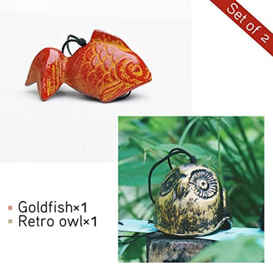 Set of 2, Japanese Bless Small Wind Chimes Outdoor, Iwachu Cast Iron Lucky Temple Wind Bell Memorial and Sympathy Wind Chimes for Outside Good Luck for Garden, Patio, Balcony (Goldfish and owl)