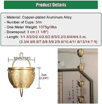 Decorative Rain Chains Waterfall, Hanging Rain Chain Aluminum, Decorative Water Catcher Copper-Plated Cup, Heavy Rain Water Chain for Outside Downspout Gutter, Garden Gift (A 3.2m/9.8 ft)