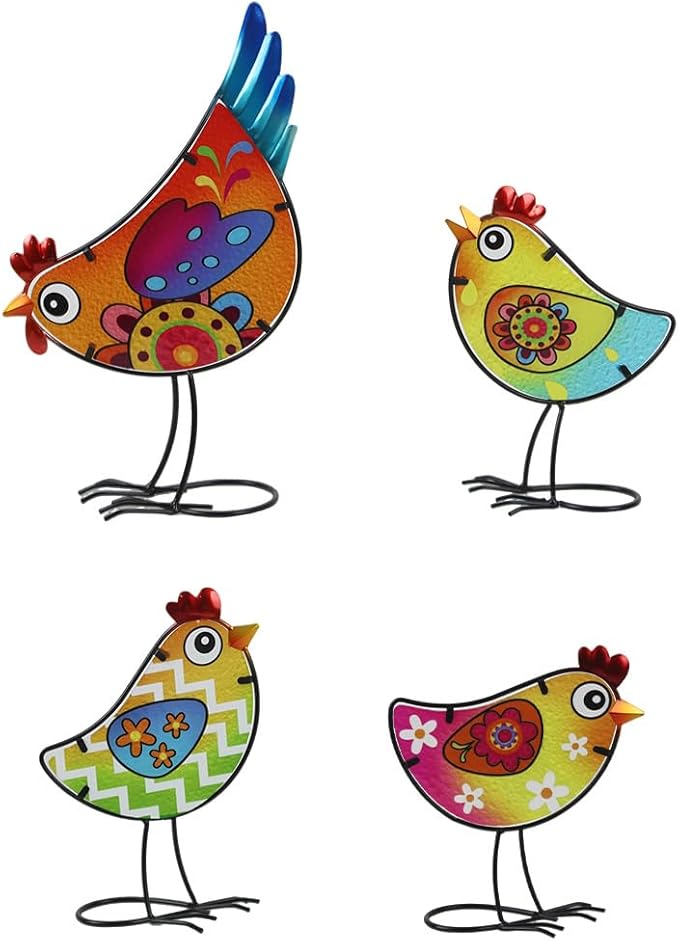 4 Pack Chicken Garden Decor for Outside, Rooster Glass & Metal Yard Art Decoration for Porch Patio, Bird Garden Statues Gifts for Grandma Mom Women (Colorful)