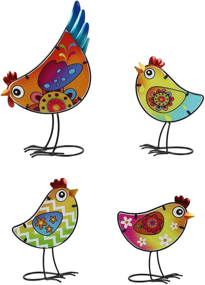 4 Pack Chicken Garden Decor for Outside, Rooster Glass & Metal Yard Art Decoration for Porch Patio, Bird Garden Statues Gifts for Grandma Mom Women (Colorful)