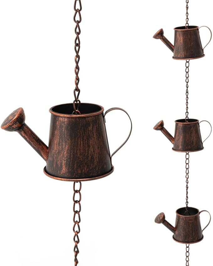 Glitzhome 8.5 FT Watering Pot Rain Chains, Faux Copper Rain Chains for Gutters with 11 Pots, Adjustable Rain Catcher Chain with V-Shaped Gutter