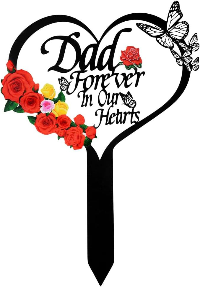 Memorial Grave Stake, Dad Forever in Our Hearts Grave Marker, Heart Grave Decorations for Cemetery, Metal Cemetery Decorations for Grave, Yard, Garden, Remembrance Grave Plaque for Dad