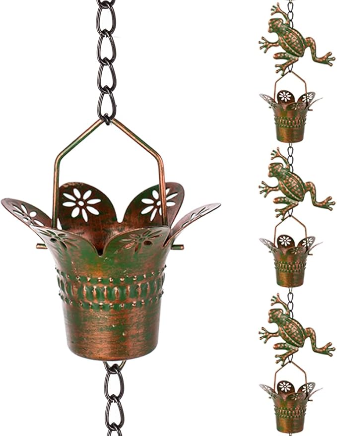 7.7FT Rain Chain for Outside, Rain Chain with 10 Frog Cups Adjustable Rain Chains for Gutters, Eaves, Drainage, Replacement for Downpout