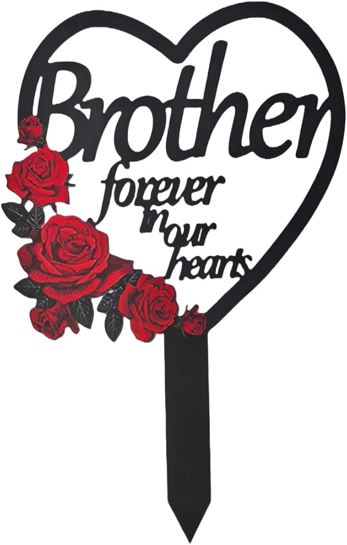 AIM & GGKK Memorial Stake for Brother - Metal Heart Grave Marker with Red Roses, Memorial Plaque Cemetery Decor for Grave, Garden, Gravesite