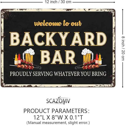 SCAZOMV Welcome To Our Backyard Bar & Grill Metal Sign Outdoor Pool Backyard Bar Signs 12"X8" Tin Sign
