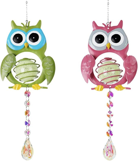 Garden Suncatcher, 2 Pack Hanging Owl Suncatchers with Rainbow Maker Crystal, Hand-Painted Metal Sun Catchers Indoor Window for Garden, Patio, Balcony, Indoor Window
