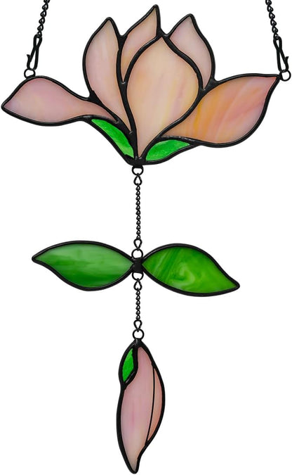 Magnolia Flower Gifts for Women Stained Glass Suncatcher for Window Hanging,Pink Flower Decor Stained Glass Sun Catcher Indoor Window,Flower Gift for Mom,Best Gifts for Teacher
