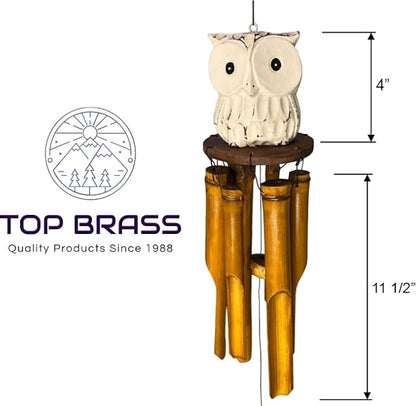 Big Eyed Owl Carved Wood and Bamboo Windchime – Distressed White Finish Hanging Outdoor Garden – Relaxing Calming Deep Tones