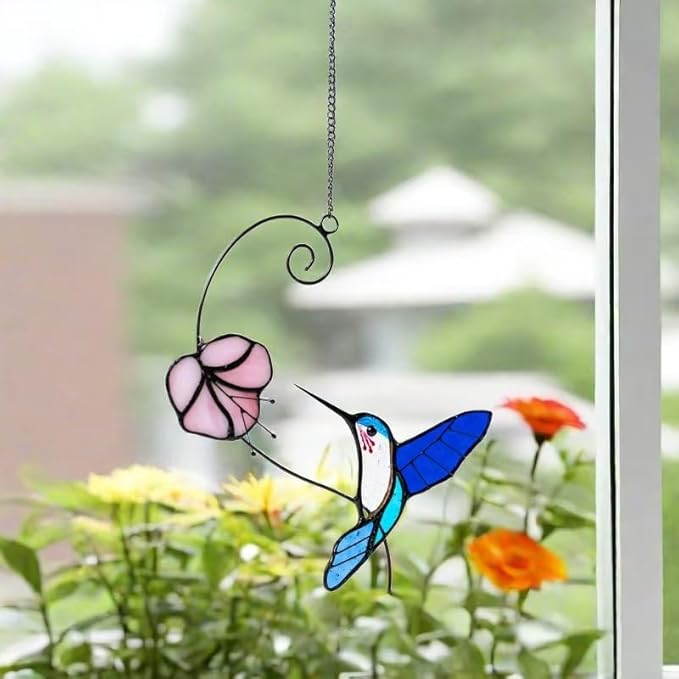 1PC Colorful Hummingbird Stained Glass Suncatcher, Handcrafted Window Hanging Ornament for Home Wall Garden Decor, Unique Gift for Bird Lovers, Nature Enthusiasts, Women Mom