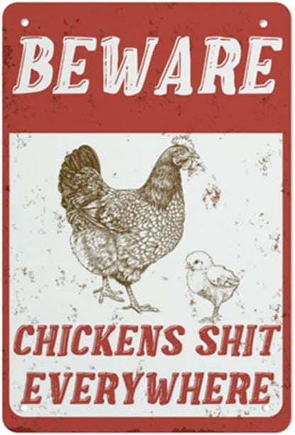 QHOVPA Farm Yard Sign Lawn Sign Metal Sign, Beware Chickens Shit Everywhere Sign for Home Farmhouse or Business Use 8x12 inches Signage