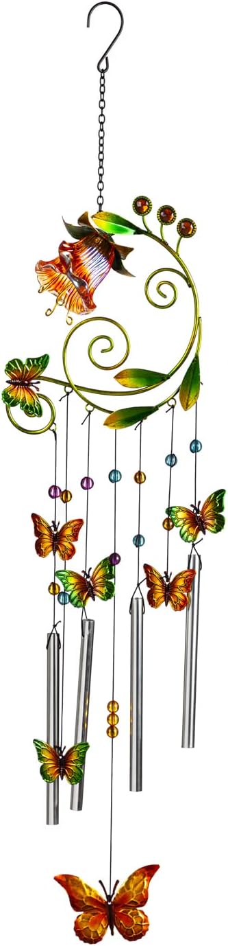 Evergreen Glass and Metal Flower with Butterflies Windchime