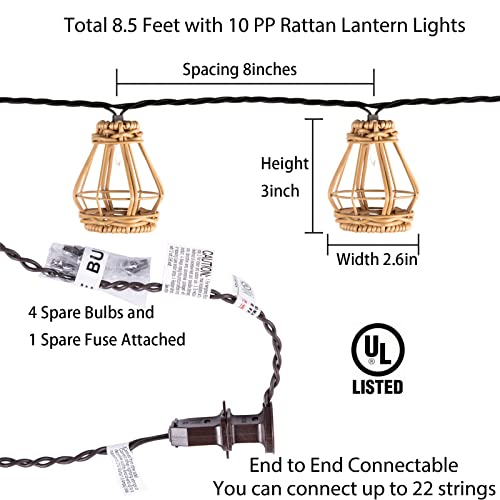 Rattan Lantern String Lights - 10 Bulbs, Weatherproof, Connectable