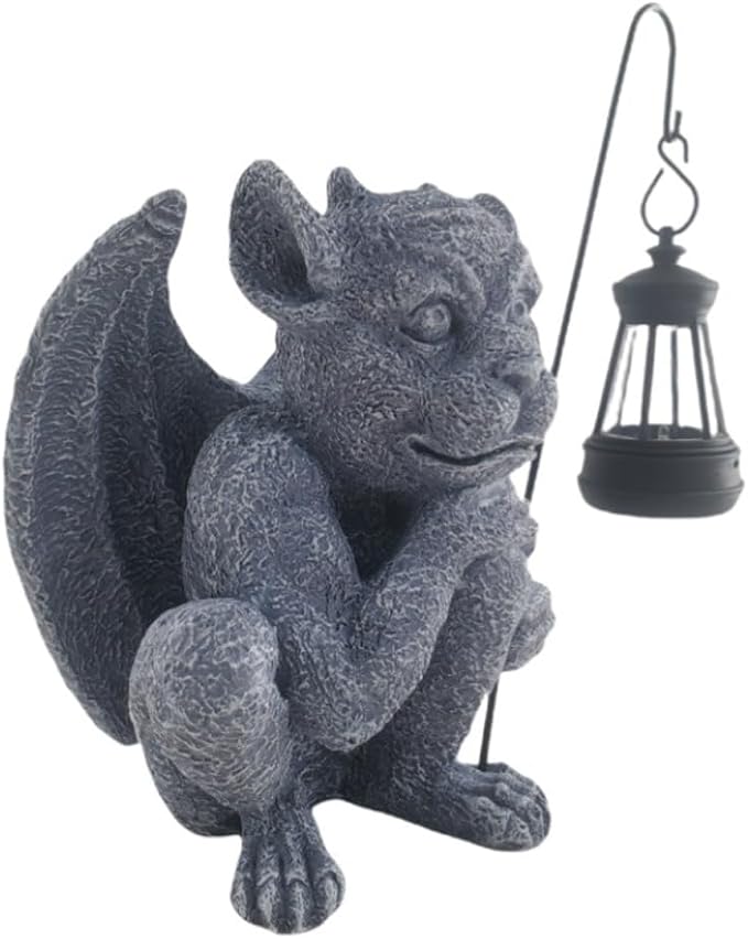 AKV Solar Gargoyle Statues Outdoor with Light, Funny Gothic Garden Decor, 8.26 inch Sitting Winged Gargoyle Sculpture for Yard Patio Lawn Ornament Decorations, Handmade Resin Garden Trolls Figurines