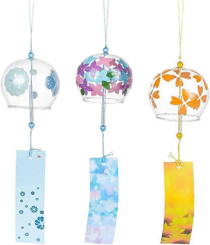 BENECREAT 3pcs Japanese Wind Chimes Flower Wind Bells Gold Blue Colorful Handmade Glass Pendants for Wedding Festival Gift, Garden Window Outdoor or Indoor Home Decors