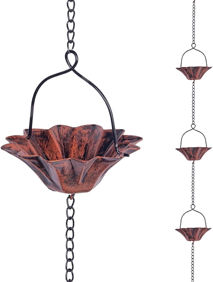 10FT Copper Lotus Rain Chain and Calla Lily Garden Stake with Bells for Outdoor Lawn Patio Decor