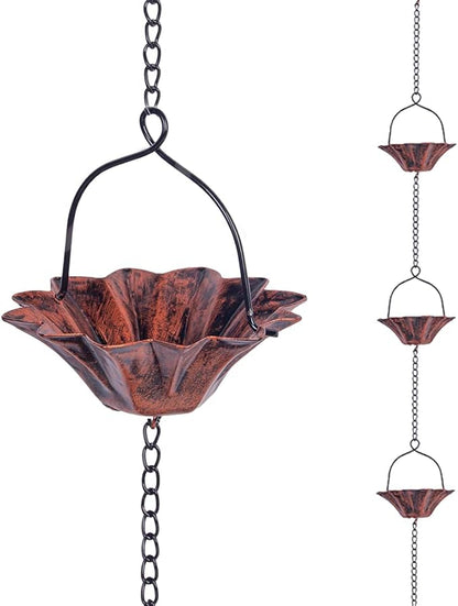 10FT Copper Lotus Rain Chain and Calla Lily Garden Stake with Bells for Outdoor Lawn Patio Decor