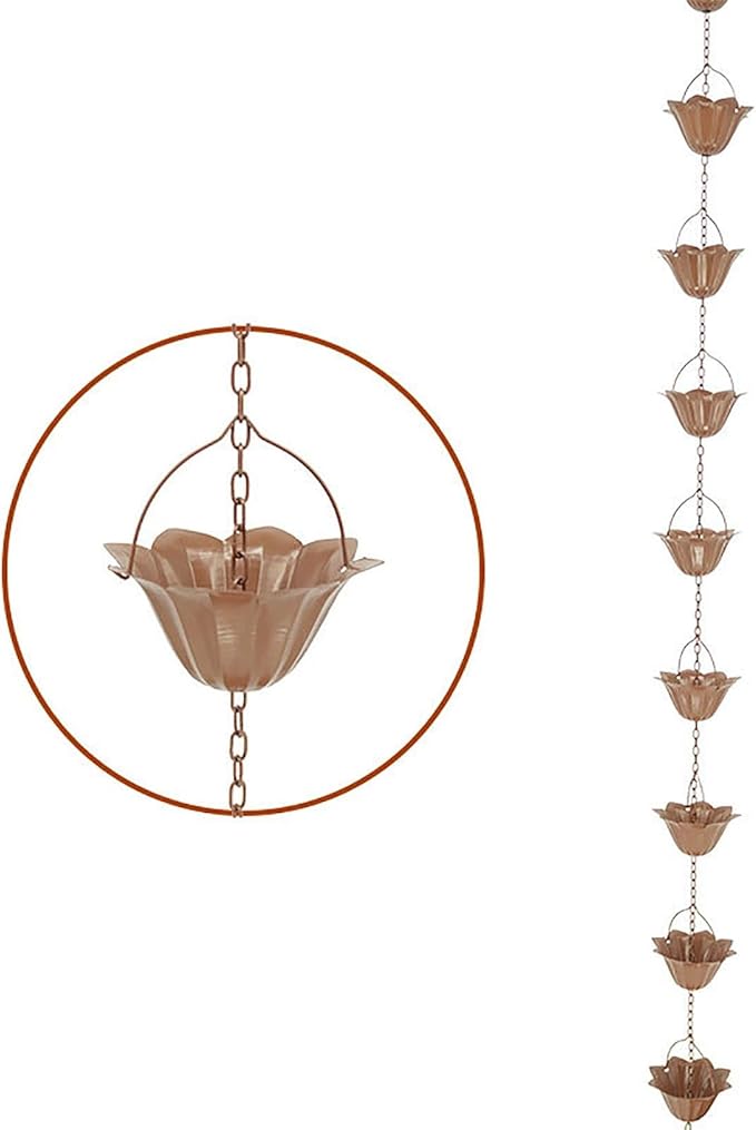 Copper Plated Rain Chain for Outside Downspouts,Adjustable Rain Catcher Chain for Eaves Drainage,Decorative Metal Hanging Flower Spiral Rain Bells(A)