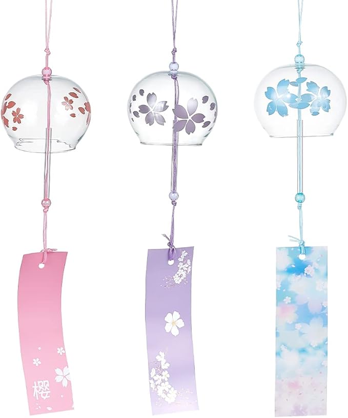 BENECREAT 3pcs Japanese Wind Chimes Pink Blue Light Purple Flower Wind Bells Handmade Glass Pendants for Wedding Festival Gift, Garden Window Outdoor or Indoor Home Decors
