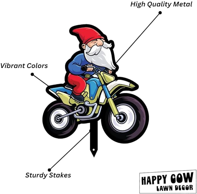 Garden Outdoor Small Metal Art 7"x 6" Weather Resistant Lawn Ornaments Sturdy Stakes Yard Sign Decoration for Patio (Gnome on a Motorcycle)