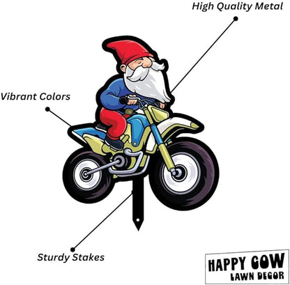 Garden Outdoor Small Metal Art 7"x 6" Weather Resistant Lawn Ornaments Sturdy Stakes Yard Sign Decoration for Patio (Gnome on a Motorcycle)