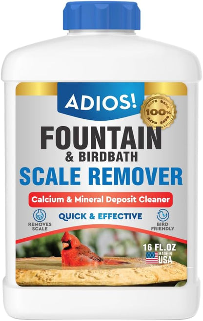 Adios! Fountain Scale Remover for Calcium, Lime and Hard Water Deposits on Bird Fountains, Baths and Water Features (16 oz)