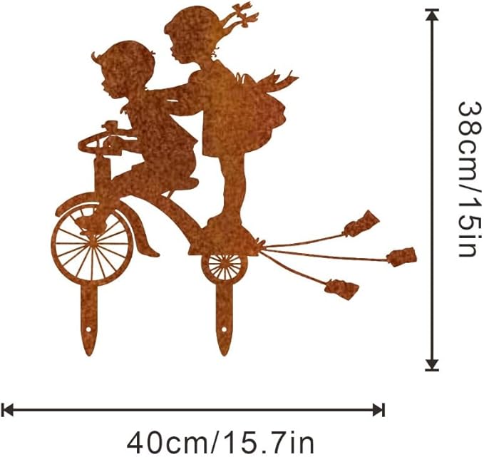 Rusty Metal Bicycle Art Silhouettes Garden Fence Decor Boy and Girl Robin Steel Country Garden Yard Art Gardening Decoration, MELI36