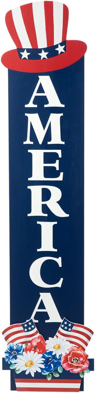 Glitzhome Patriotic 4th of July Independence Day Porch Sign Decor Memorial Day 42"H Americana Wooden "AMERICA" Porch Decor Hanging Sign Front Door Porch Standing Decorative Signs Plaques