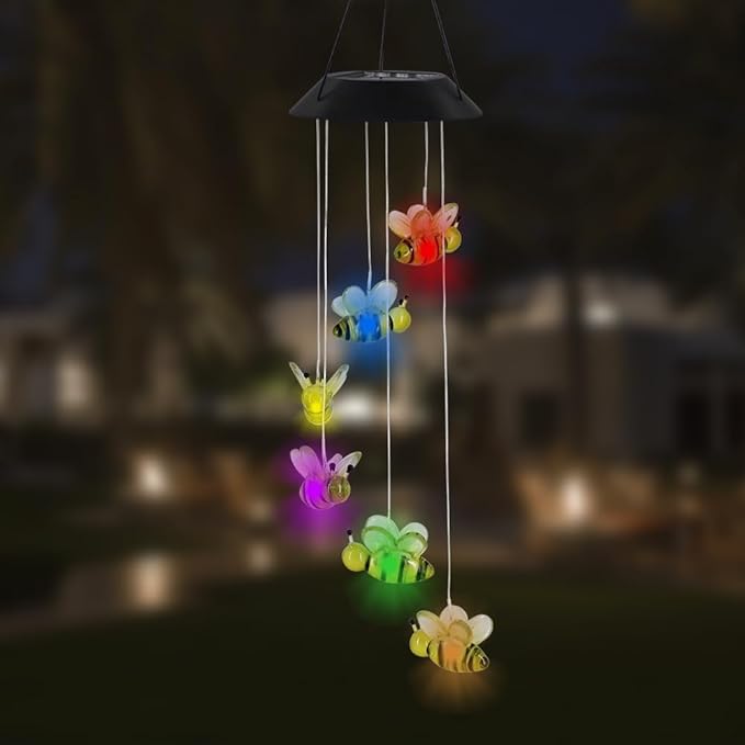 MorTime LED Solar Bee Wind Chime, 25" Mobile Hanging Wind Chime for Home Garden Decoration, Automatic Light Changing Color(Honeybee)