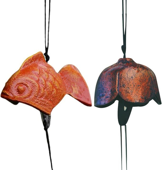 Set of 2, Japanese Bless Small Wind Chimes Outdoor, Iwachu Cast Iron Lucky Temple Wind Bell Memorial and Sympathy Wind Chimes for Outside Good Luck for Garden, Patio, Balcony(Goldfish and Plum)