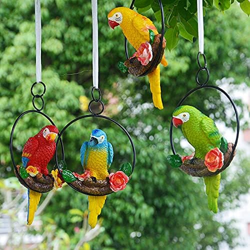 Mini Garden Statues Hanging Iron Ring Parrots, Resin Parrot Hanging Statue, Hanging Birds Figurine for Pathways Yard Patio Office Home Indoor Outdoor Tree Decorations (A-2)