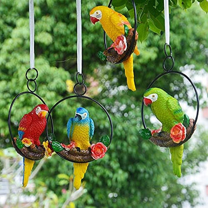 Mini Garden Statues Hanging Iron Ring Parrots, Resin Parrot Hanging Statue, Hanging Birds Figurine for Pathways Yard Patio Office Home Indoor Outdoor Tree Decorations (A-4)