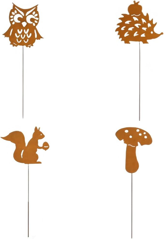 Iron Animal Decorative Garden Stake Set Rusted Yard Ornaments for Indoor/Outdoor Backyard Decor Iron Garden Sculptures Outdoor