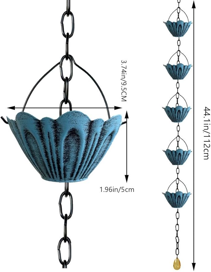Rain Chain Gutter Downspout Catcher Outside Water Diverter Decorative Garden Rain Cups Chime Home Decor (Blue)