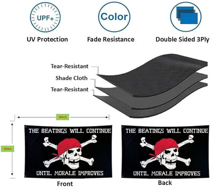 Pirtae Skull Boat Flag 12X18Inch, Quote The Beatings Will Be Continue Until Morale Improves Flags, Double-Sided Printed, Funny Meme Flags, Men Women Banner, Fade Proof Vivid Color, Double Stitched with 2 Brass Grommets, Bar Garden Street Decoration, GY...