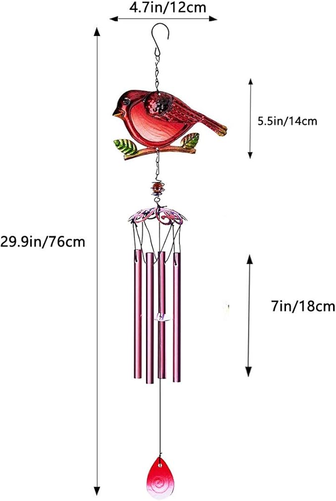 Evealyn Outdoor Red Cardinal Bird Wind Chimes, Indoor Stained Glass Metal Tubes Music Beautiful Windchimes Hanging for Room,Balcony,Window, Garden,Yard, Patio,Lawn Creative Home Decoration (Red)