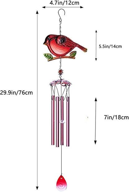 Evealyn Outdoor Red Cardinal Bird Wind Chimes, Indoor Stained Glass Metal Tubes Music Beautiful Windchimes Hanging for Room,Balcony,Window, Garden,Yard, Patio,Lawn Creative Home Decoration (Red)